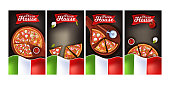 Fast food design collection with margherita, pepperoni, cutter, ketchup, black chalkboard.
