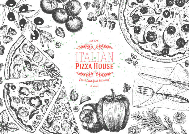 Italian pizza top view frame. Italian food menu design template. Vintage hand drawn sketch vector illustration. Engraved style Italian pizza top view frame. Italian food menu design template. Vintage hand drawn sketch vector illustration. Engraved style cheese borders stock illustrations