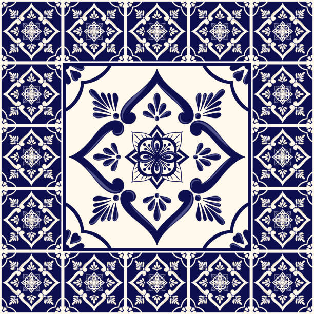 Italian tile pattern floor vector with vintage blue ceramic print. Big element in center with frame. Majolica background with portuguese azulejos, mexican talavera, sicily, spanish, delft dutch motifs. Italian tile pattern floor vector with vintage blue ceramic print. Big element in center with frame. Majolica background with portuguese azulejos, mexican talavera, sicily, spanish, delft dutch motifs. bathroom borders stock illustrations