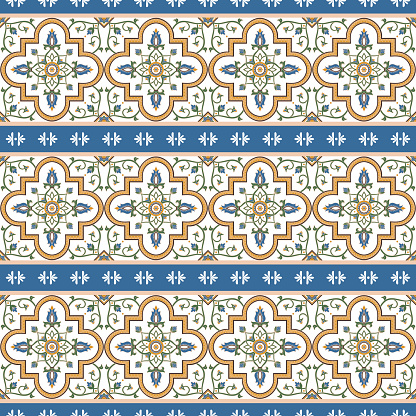 Italian tile pattern vector border seamless with flower ornaments. Sicily majolica, portugal azulejo, arabesque