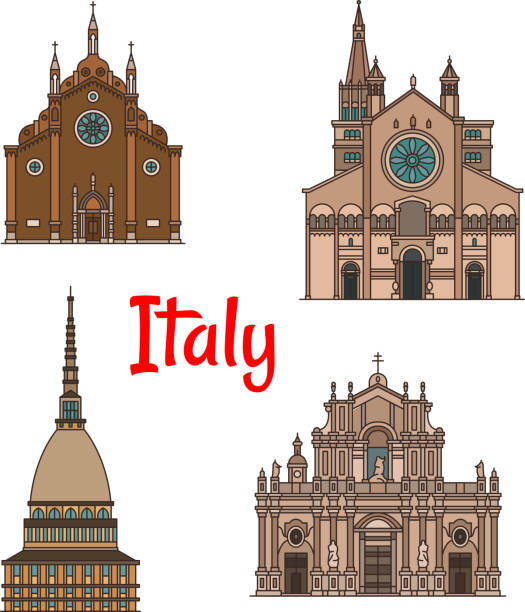 illustrazioni stock, clip art, cartoni animati e icone di tendenza di set di icone dell'edificio di riferimento di viaggio italiano - mole antonelliana
