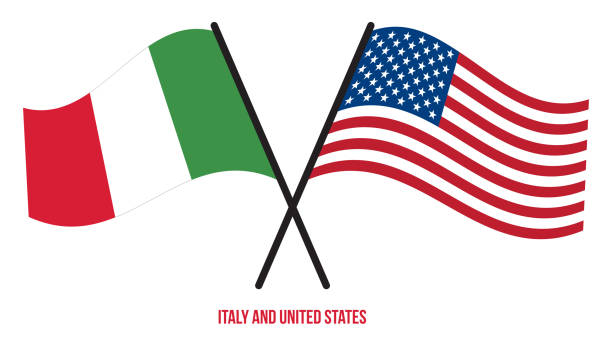 illustrazioni stock, clip art, cartoni animati e icone di tendenza di bandiere italiane e americane attraversate e sventolano in stile piatto. proporzione ufficiale. colori corretti - elezioni italia