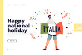 Italy, happy national holiday concept of landing page with man holding italian flag. Country day celebration banner with cheerful male at confetti background. Cartoon flat vector illustration