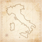 Map of Italy in vintage style. Beautiful illustration of antique map on an old textured paper of sepia color. Old realistic parchment with a compass rose, lines indicating the different directions (North, South, East, West) and a frame used as scale of measurement. Vector Illustration (EPS10, well layered and grouped). Easy to edit, manipulate, resize or colorize. Please do not hesitate to contact me if you have any questions, or need to customise the illustration. http://www.istockphoto.com/portfolio/bgblue