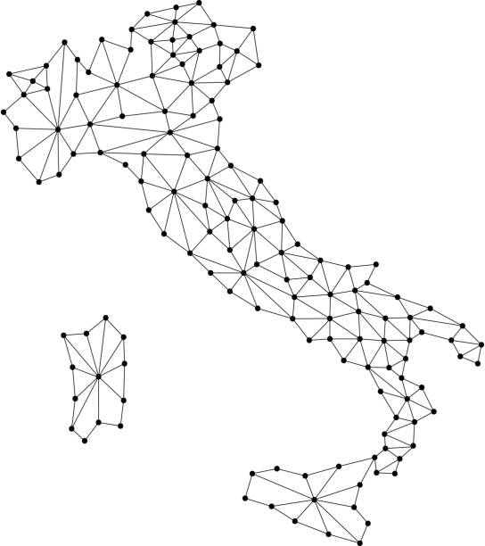 Italy map of polygonal mosaic lines network, rays and dots vector illustration. Italy map of polygonal mosaic lines network, rays and dots vector illustration. tessellation stock illustrations