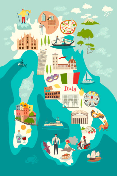 illustrazioni stock, clip art, cartoni animati e icone di tendenza di vettore mappa italia. mappa illustrata dell'italia per bambini/bambini - napoli