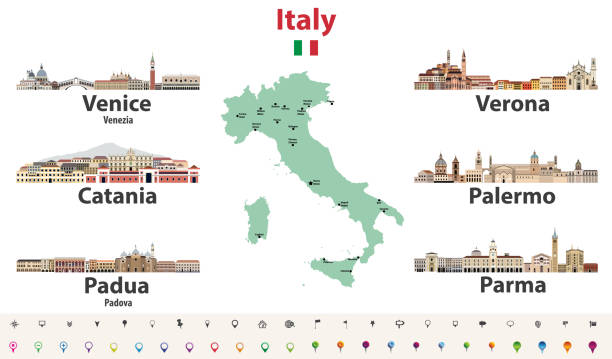 illustrazioni stock, clip art, cartoni animati e icone di tendenza di mappa italia con le principali città skylines. illustrazione vettoriale - parma