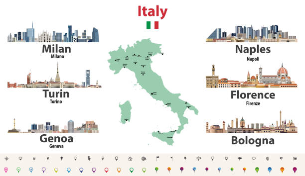 illustrazioni stock, clip art, cartoni animati e icone di tendenza di mappa italia con le principali città skylines. illustrazione vettoriale - milan