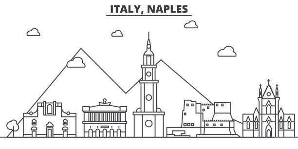 義大利，那不勒斯建築線天際線圖。線性向量的景觀，如著名的地標，市內的旅遊景點，設計圖示。景觀與可編輯筆觸 - napoli 幅插畫檔、美工圖案、卡通及圖標