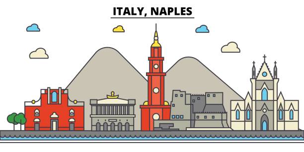 義大利，那不勒斯。城市天際線： 體系結構、 建築物、 街道、 剪影、 風景、 全景、 地標。可編輯的筆劃。平面設計線向量圖的概念。孤立的圖示集 - napoli 幅插畫檔、美工圖案、卡通及圖標