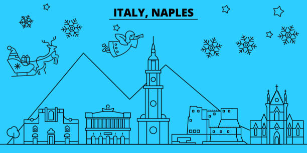 義大利, 那不勒斯冬季假期天際線。聖誕快樂, 新年快樂的旗幟裝飾與聖誕老人. 義大利, 那不勒斯線性聖誕城市向量平面插圖 - napoli 幅插畫檔、美工圖案、卡通及圖標