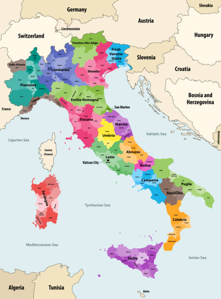 stockillustraties, clipart, cartoons en iconen met de provincies van italië die door gebiedenvectorkaart met naburige landen en gebieden worden gekleurd - napoli