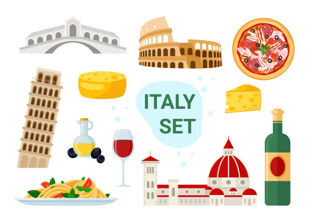 Italy tourism set with famous italian food and drink menu, ancient travel landmark Italy tourism vector illustration set. Cartoon famous italian food and drink menu with pizza spaghetti pasta cheese wine glass olive oil, ancient travel landmark coliseum pisa tower isolated on white pasta clipart stock illustrations