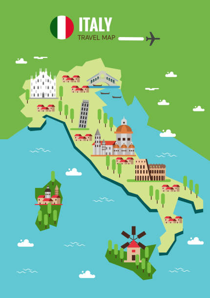illustrazioni stock, clip art, cartoni animati e icone di tendenza di mappa di viaggio italia, colosseo italiano, milano, venezia. sicilia e - venice