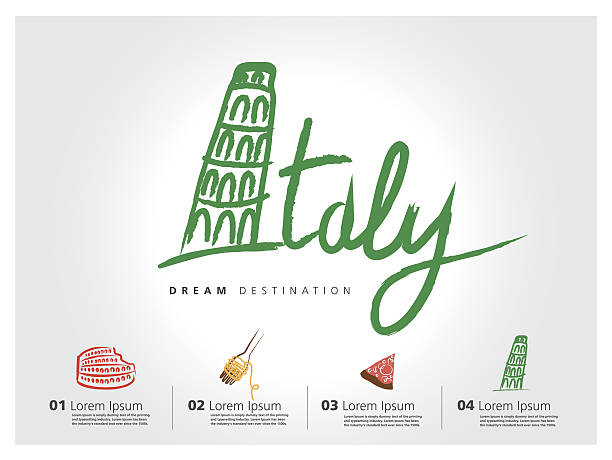 Italy travel set, Pisa, Rome, Colosseum, typography Italy travel set, Pisa, Rome, Colosseum, typography pasta silhouettes stock illustrations