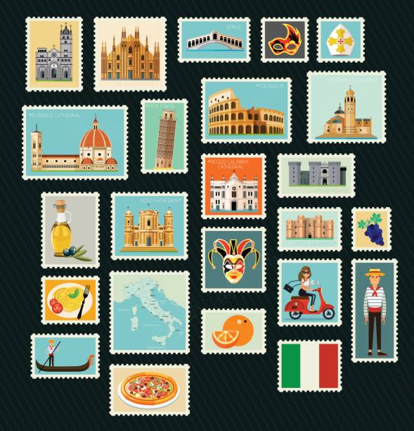 illustrazioni stock, clip art, cartoni animati e icone di tendenza di francobolli da viaggio italia. - bologna roma
