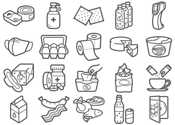 Items for Stay at Home Clip Arts Line Icons Set stock illustration Necessity items for stay at home / clip art / line icon / vector illustration / for various uses Easy resize. All objects is layered. Vector EPS file and image jpeg full HD. cheese clipart stock illustrations