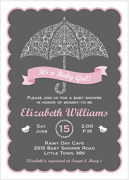It's a Baby Girl Shower Invitation with Umbrella A cute lacy style umbrella decorated with raindrops, swirls of clouds and lightening bolts. A scalloped border completes this modern baby girl shower invitation. Please check my portfolio for more like this. rain borders stock illustrations