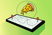 Vector illustration. Phone with pizza on-screen, flat cartoon cellphone with food delivery.