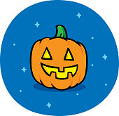 Vector illustration of a hand drawn jack o lantern on a blue background.