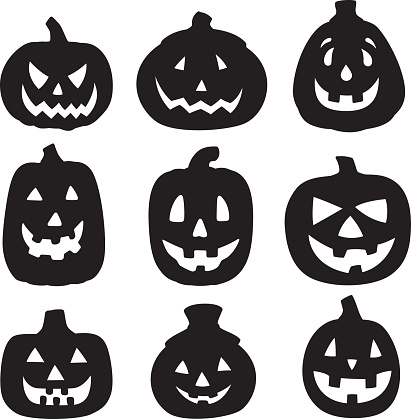 Vector silhouettes of a group of jack o lanterns.