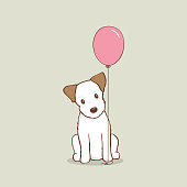 JRT puppy holding a pink birthday balloon
