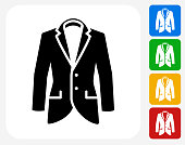 Jacket Icon. This 100% royalty free vector illustration features the main icon pictured in black inside a white square. The alternative color options in blue, green, yellow and red are on the right of the icon and are arranged in a vertical column.