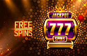 Jackpot King spins 777 banner casino on the golden background. Vector illustration.