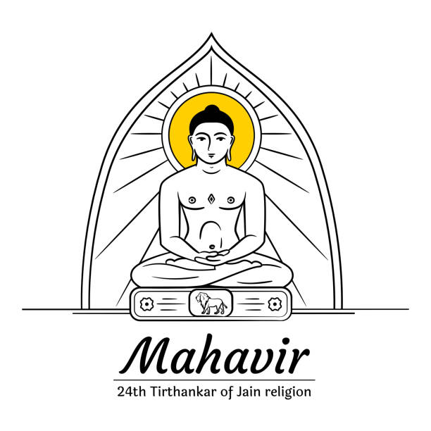 Jain idol drawing. Lord Mahavir drawing. Bhagwan Mahavir sketch Hand drawn Jain Mahavir idol. Lion is symbol of Lord Mahavir. brimham rocks stock illustrations