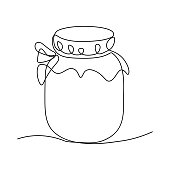 Glass canning jar in continuous line art drawing style. Food preserve. Minimalist black linear sketch on white background. Vector illustration