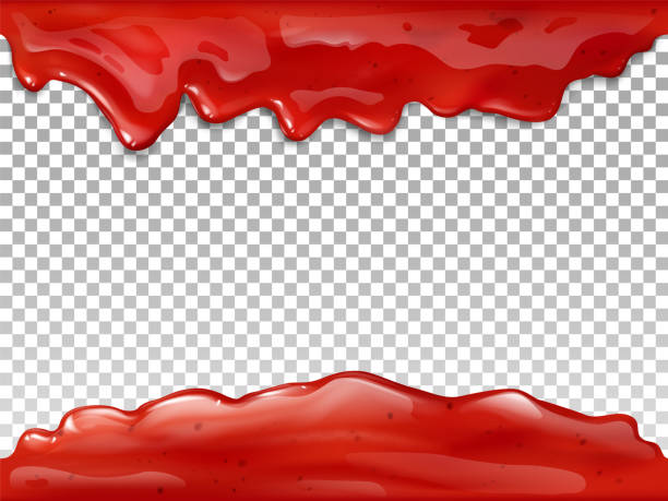 Jam red flow drops 3D vector illustration Jam flow seamless vector illustration of realistic 3D syrup splash and drops of red berry or fruit marmalade. Liquid drips on transparent background for candy or sweet dessert package design template gelatin dessert stock illustrations