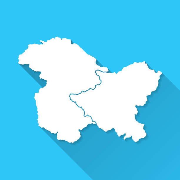 Jammu and Kashmir and Ladakh map with long shadow on blue background - Flat Design White map of Jammu and Kashmir and Ladakh isolated on a blue background with a long shadow effect and in a flat design style. Vector Illustration (EPS10, well layered and grouped). Easy to edit, manipulate, resize or colorize. jammu and kashmir stock illustrations