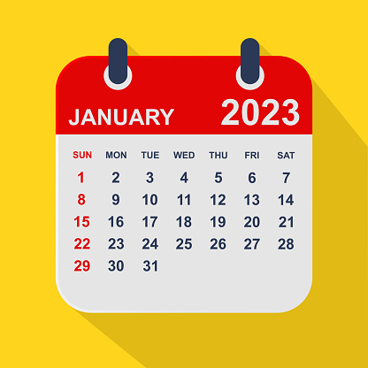 Flat Icon Calendar January 2022 on a yellow background. January 2023 Calendar Leaf. Week starts on Sunday. Business vector illustration