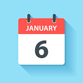 January 6. Calendar Icon with long shadow in a Flat Design style. Daily calendar isolated on blue background. Vector Illustration (EPS10, well layered and grouped). Easy to edit, manipulate, resize or colorize.