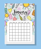 january calendar information with flowers and leaves vector illustration