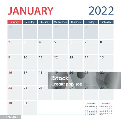 istock 2022 January Calendar Planner Vector Template. Week starts on Sunday 1332651830