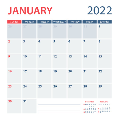 2022 January Calendar Planner Vector Template. Week starts on Sunday