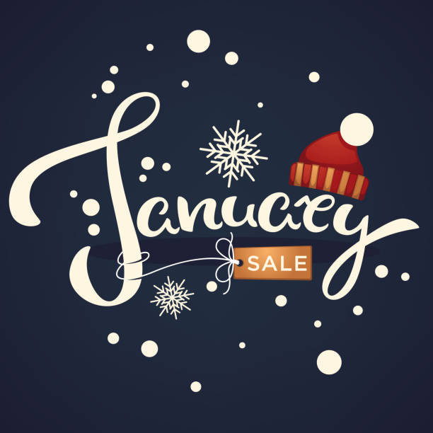 January sale, knitted hat  and snowflakes lettering composition flyer or banner template on dark background January sale, knitted hat  and snowflakes lettering composition flyer or banner template on dark background january stock illustrations