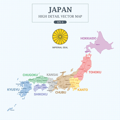Japan Administrative Map Full Color High Detail Separated all Province Vector Illustration