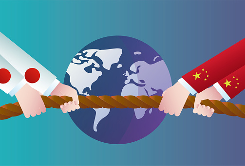 Japan and China compete in tug-of-war in front of the earth, and the economic, trade and political competition between the two countries