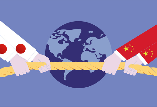Japan and China compete in tug-of-war in front of the earth, and the economic, trade and political competition between the two countries