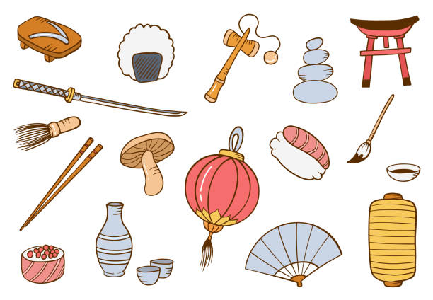 japan country oder nation doodle handgezeichnete set kollektionen mit flachem umrissstil - kannestein stock-grafiken, -clipart, -cartoons und -symbole