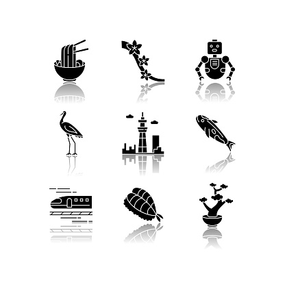 Japan drop shadow black glyph icons set. Ramen dish, asian food. Sakura tree. Crane bird. Tokyo sky tree. City tower. Koi fish. Japanese attributes. Isolated vector illustrations on white space