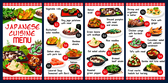 Japan food vector menu Japanese meals assortment