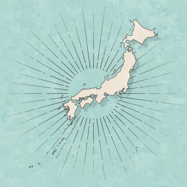 Map of Japan in a trendy vintage style. Beautiful retro illustration with old textured paper and light rays in the background (colors used: blue, green, beige and black for the outline). Vector Illustration (EPS10, well layered and grouped). Easy to edit, manipulate, resize or colorize.