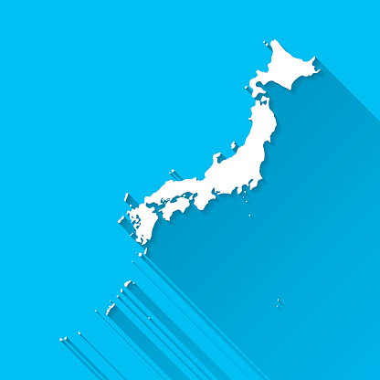 Japan Map on Blue Background, Long Shadow, Flat Design
