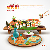 Realistic background with wooden stand full of sushi maki and plate with other japanese dishes vector illustration