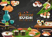 Black chalkboard background with various kinds of sushi maki sake and other japanese dishes realistic vector illustration
