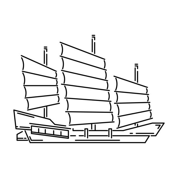 日本の伝統的な木造船、ジャンクベクトルイラスト簡略化された旅行アイコン。日本の古い帆船。中国語、アジアの伝統的なシンボル。ラインスケッチ。リアルな要素設計、ファブリックプ� - 神社点のイラスト素材／クリップアート素材／マンガ素材／アイコン素材
