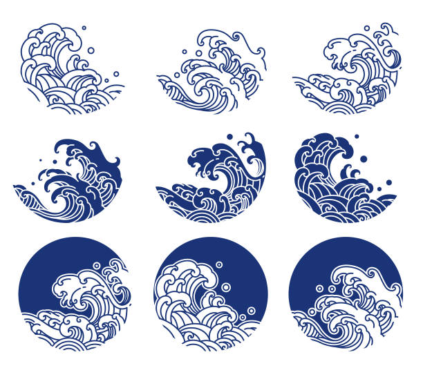 Japan water and ocean wave line logo illustration Water and ocean wave line logo illustration. Blue print and indigo color. - Vector. wave water symbols stock illustrations